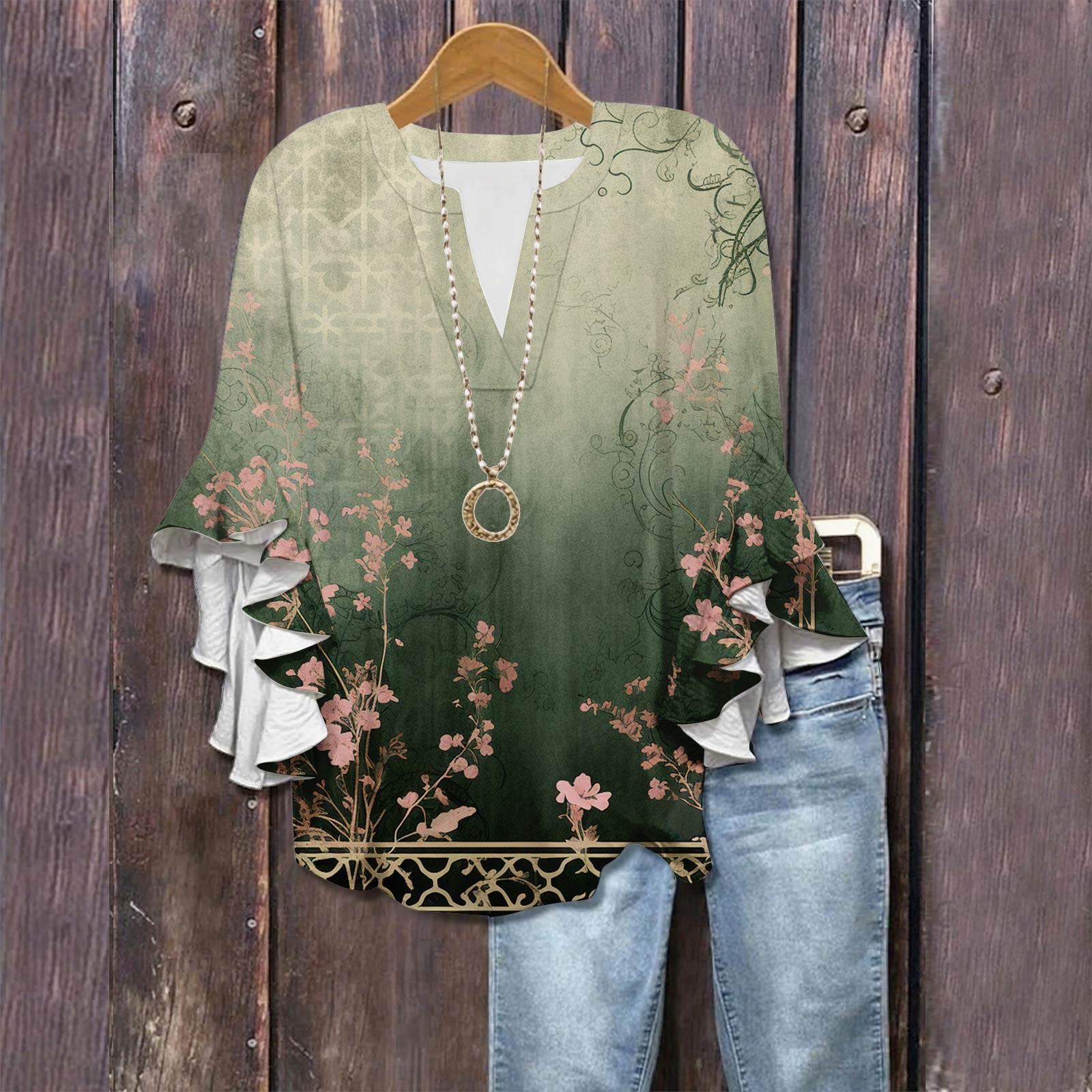 

3/4 Sleeve Shirts For Women Cute Print Graphic Tees Blouses Casual Plus Size Basic Ruffled Sleeve Tops Pullover XXL зелений