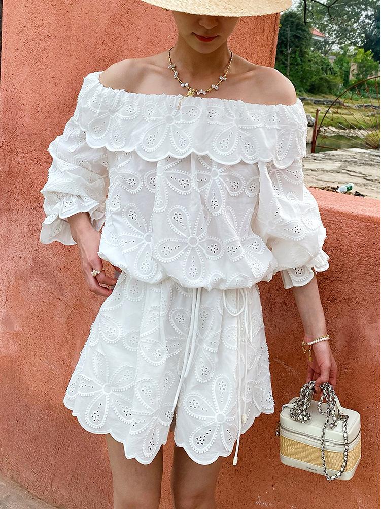French Riviera One-Shoulder Embroidered Long Sleeve Top & Hollow-Out Shorts for Women - Spring/Summer Collection