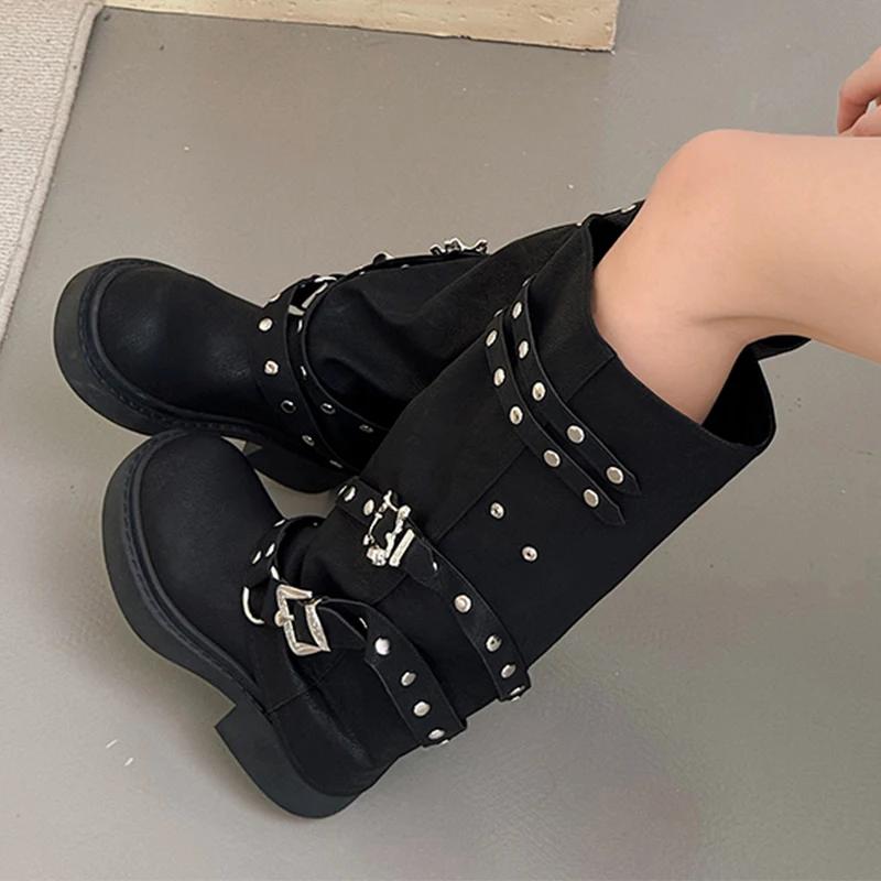 Fashion Women Knee High Chelsea Boots Platform Walking Shoes New Punk Style Black Motorcycle Boots Fashion Thick Middle Heeled Botas