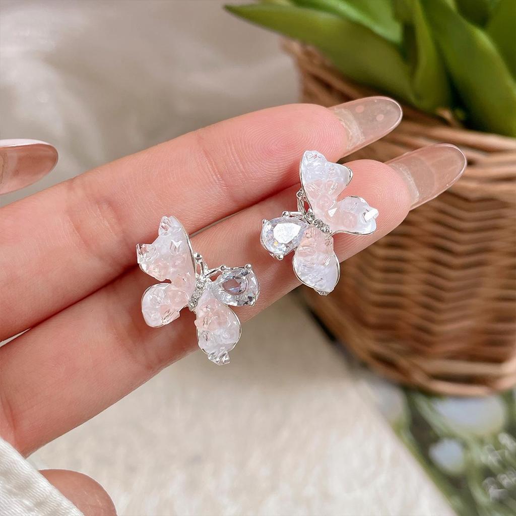 Summer Peach & Mist Blue Crystal Butterfly Earrings - Elegant Silver Needle Design for Women
