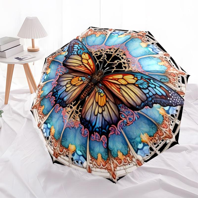 1PC Butterfly Mandala Automatic Open/close Umbrella with 8-Rib Structure for Women/Men, All-Season Use - Travel Essential, Stylish Accessory, Highqual
