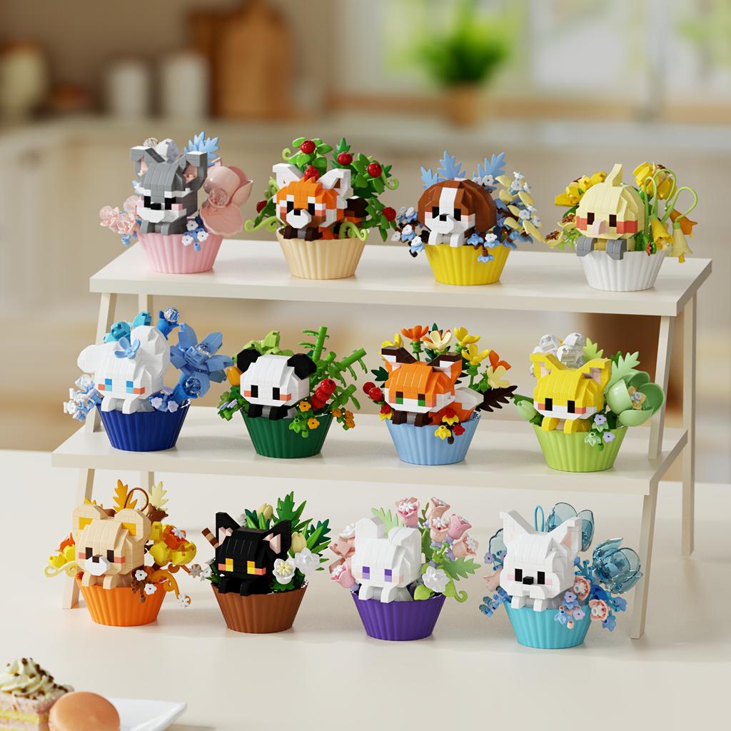 Building block small animals flower pot series tabletop ornaments decoration Christmas Halloween gifts