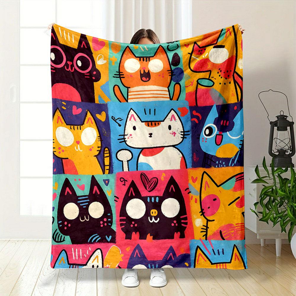 Colorful Cartoon Cats with Playful Expressions Patterned Blanket, Flannel, Suitable for All Seasons, Home Decor, Warm and Cozy