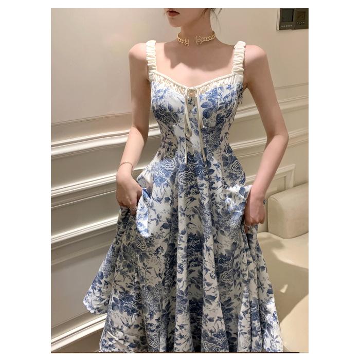 French floral suspender dress women s summer new age-reducing blue skirt waist a-word long dress S