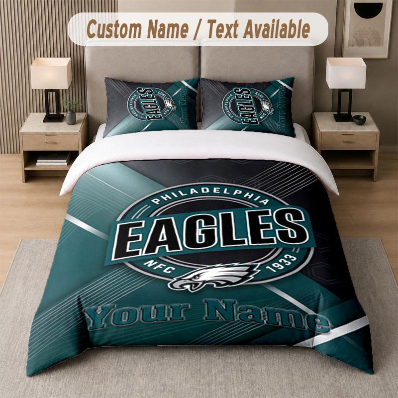 Custom Bedding Set Philadelphia Eagles Pattern, Print Name Text 1 Duvet Cover plus 2 Pillowcases Home Textile