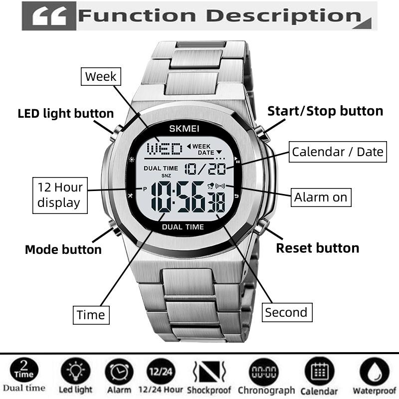 Skmei Steel Strap Mens LED Digital Watches Original Brand Waterproof Sports Wristwatch Fashion Multifunctional Dual Time