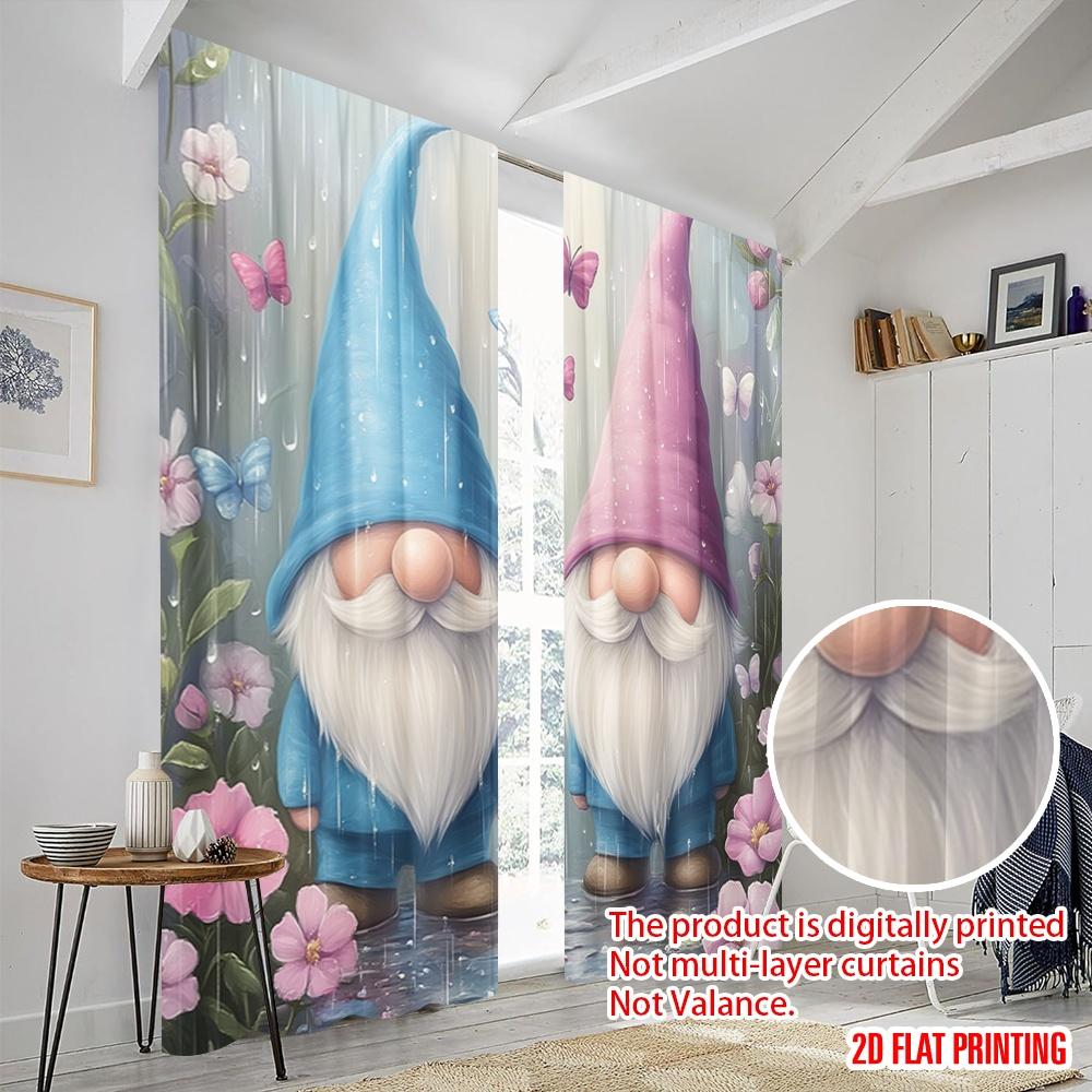 2pcs  2D plane printing Curtain Popular Cute Gnomes Butterflies Rain Flowers_a (3) 100% Polyester (without rod) Art Deco Festive