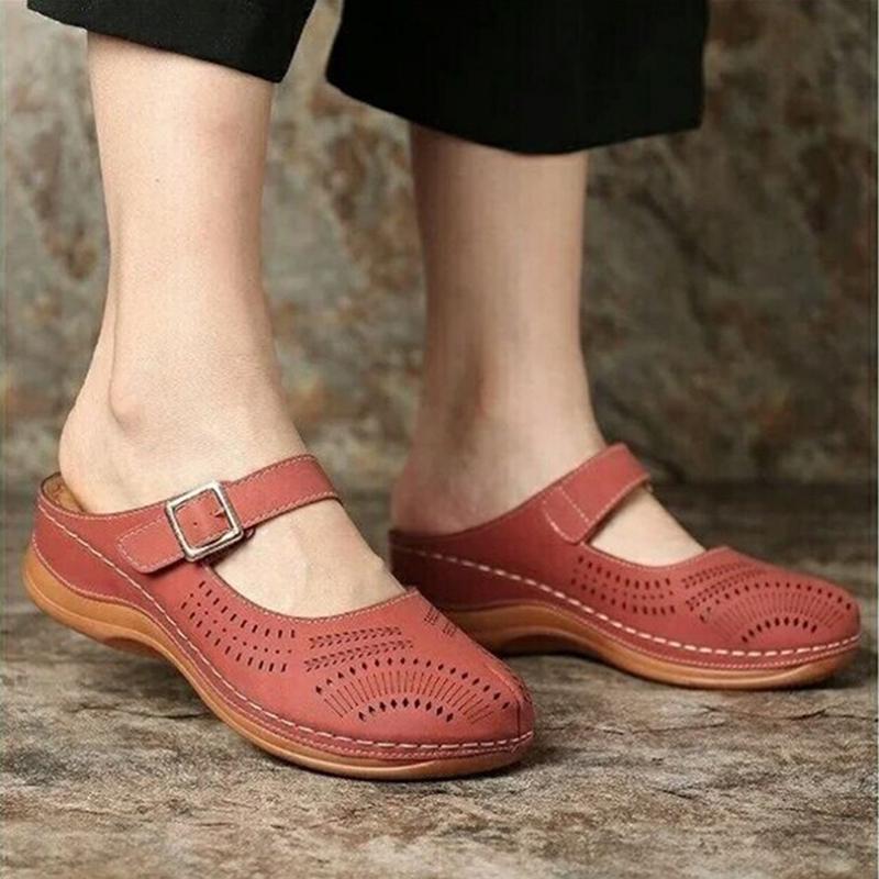 2024 New Women Flat Shoes Mules For Women PU Leather Round Head Sandals Closed Toe Sandals Women Slipper Non-slip Retro Shoes