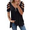 MAITA Womens Fashion Summer Clothes Casual Off Shoulder Short Sleeved Tops Deep V-neck Zipper Blouses Ladies Solid Color T-shirt Loose Shirts