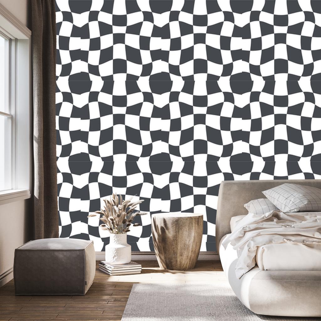 Casual Checkerboard Wallpaper In White and Navy Blue for the Living Room and Bedroom 50x1000
