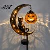Jack-o-lantern Solar Lights Halloween Garden Stake Light, Soft Warm Jack-o-Lantern, Moon Cat Amber Silhouette Outdoor Pathway Decor, Waterproof Metal