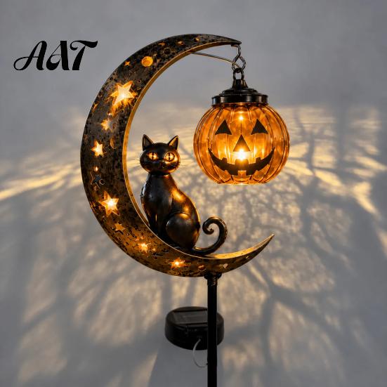 Jack-o-lantern Solar Lights Halloween Garden Stake Light, Soft Warm Jack-o-Lantern, Moon Cat Amber Silhouette Outdoor Pathway Decor, Waterproof Metal