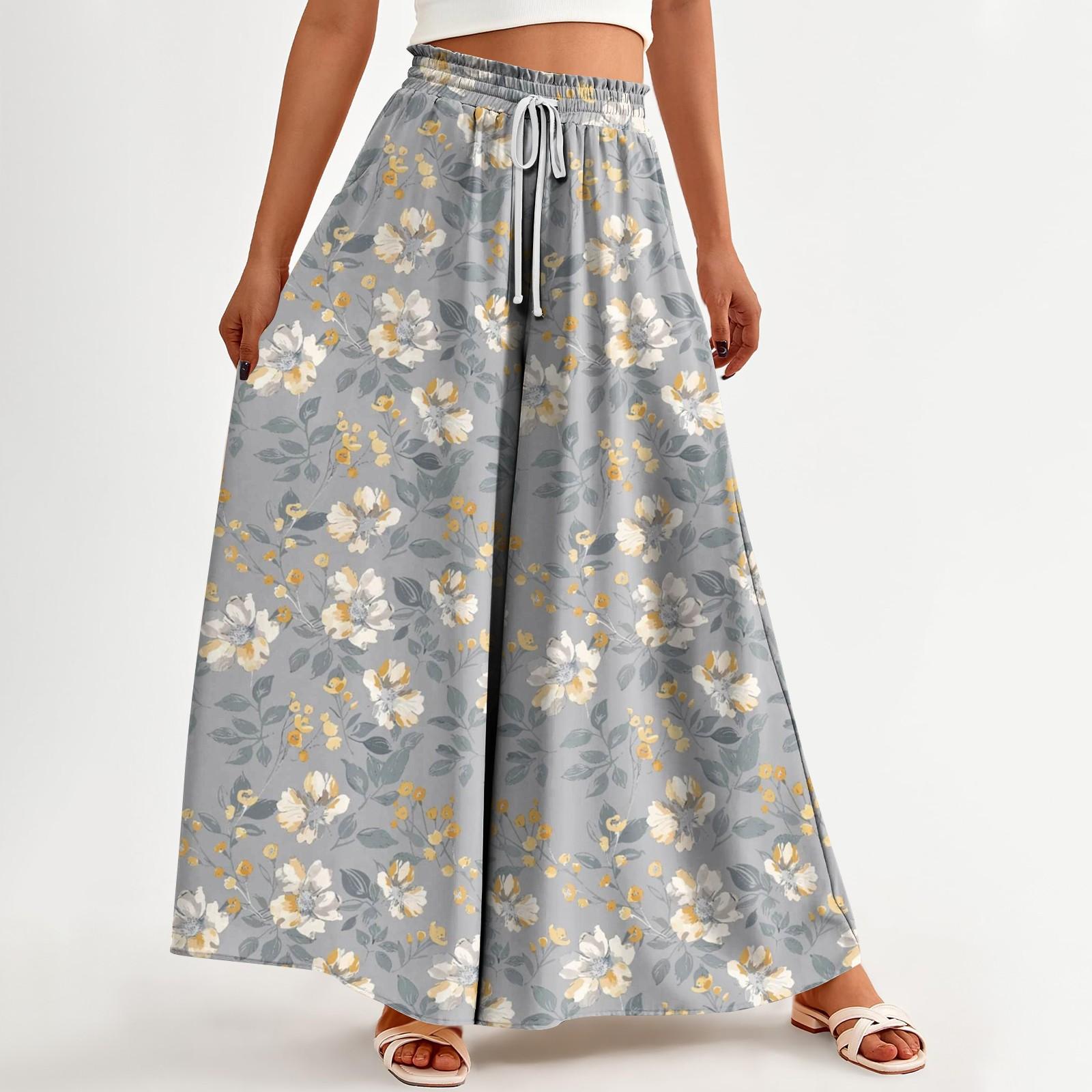 

Women s Printed Wide Leg Pants With Pockets High Waist Drawstring Loose Casual Pants S