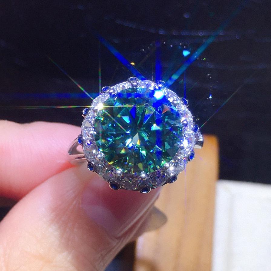 Eight Hearts & Arrows Moissanite Open Ring PT950 - Full Pave Blue-Green, 2 Carats 
