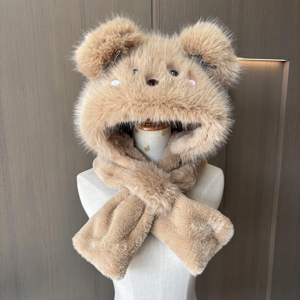 Cute Bear Ears Will Move Plush Hat, Scarf Integrated Women'S Winter Thickened Warm And Cold Ear Protection Lei Feng Hat