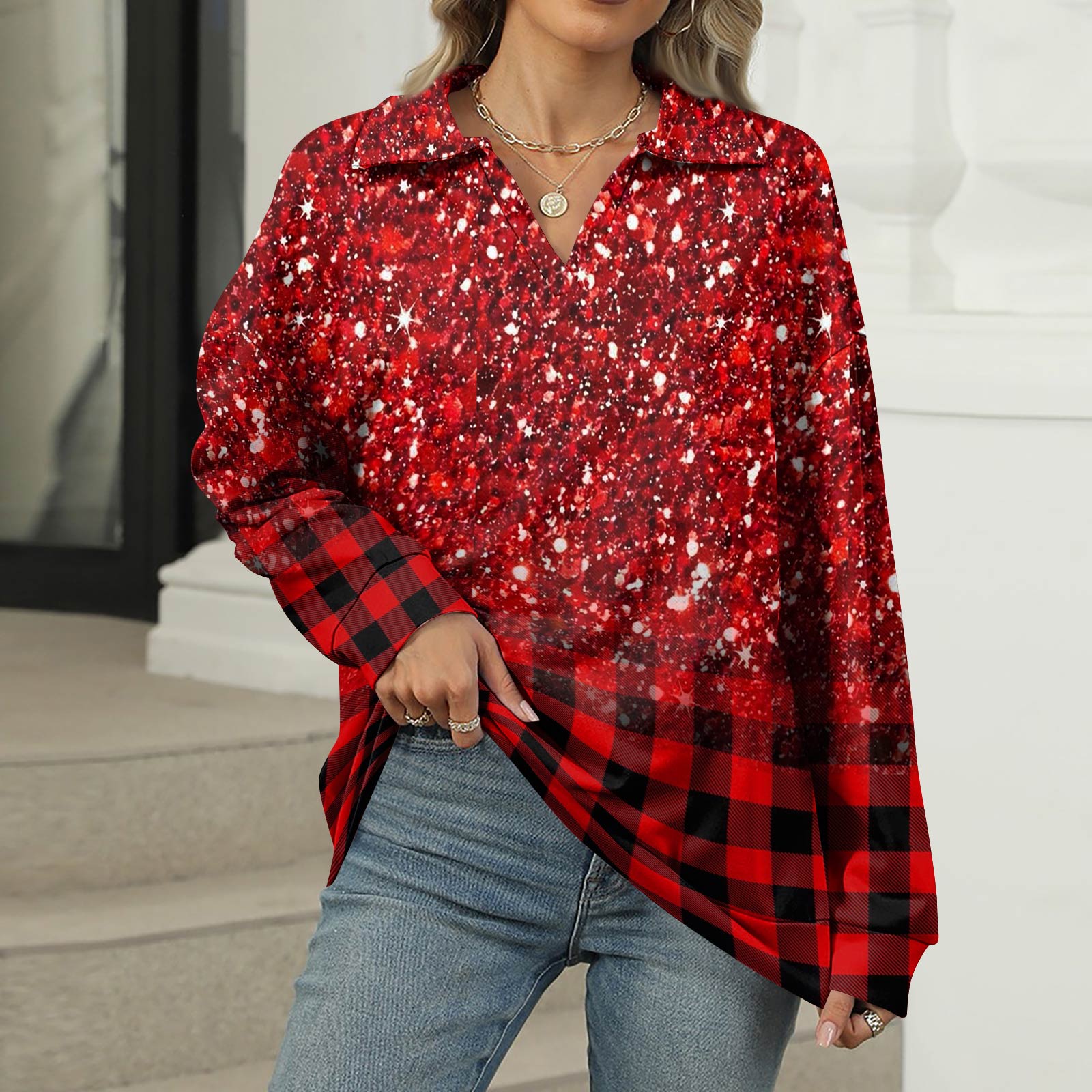 

Женская летняя модная повседневная рубашка с v-образным вырезом и длинным рукавом с принтом, топ M