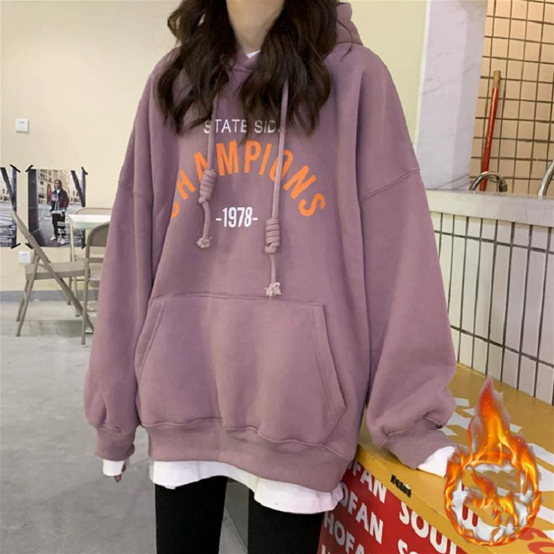 Thin and Thick Optional Hooded Sweater Women Loose Ladies Student Tops Fashion Retro Versatile Sweatshirt