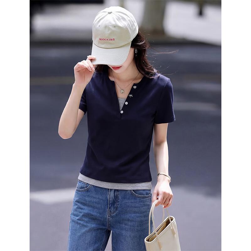 Xinfeiyu Women's Fashion Color-block Layered V-Neck T-shirt