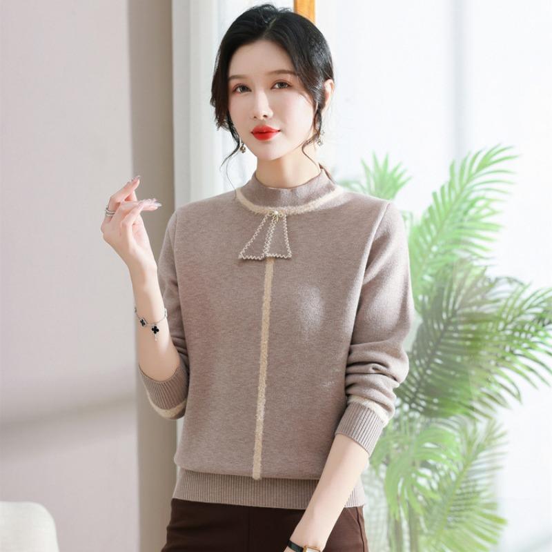 New Thin Middle-aged and Old Autumn Long-sleeved Top Knitted Pullover Autumn Dress Middle-aged Women's Mother Bottoming Shirt
