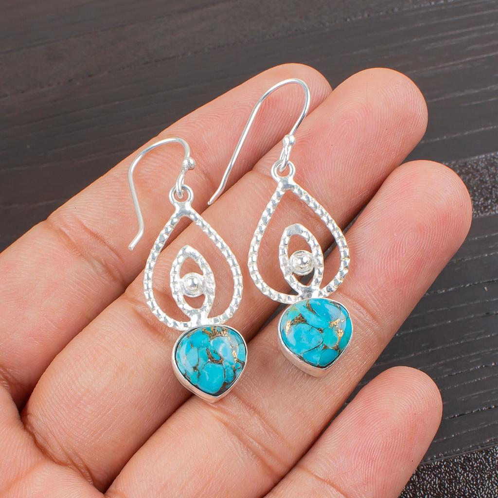 Blue Copper Turquoise Gemstone 925 Sterling Silver Jewelry Gift Earrings 2.00" EE-32-35