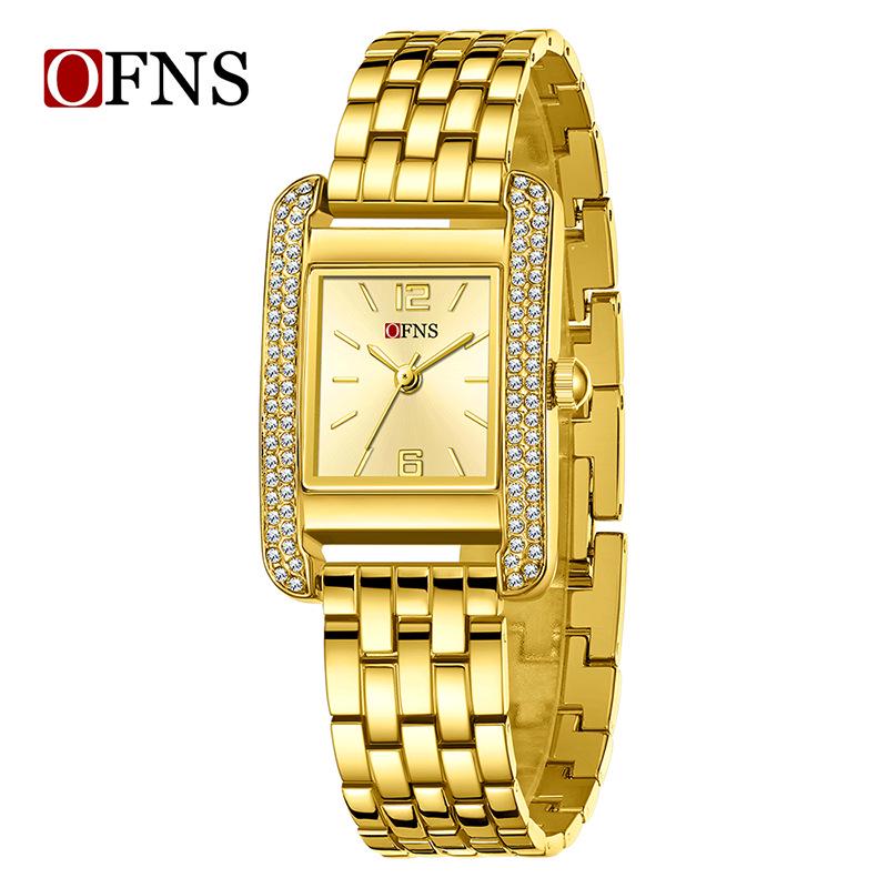 OFNS Elegant Women's Square Dial Watch: Simple Niche Bar Markers, Waterproof, Luxury Diamond Inlaid Quartz.
