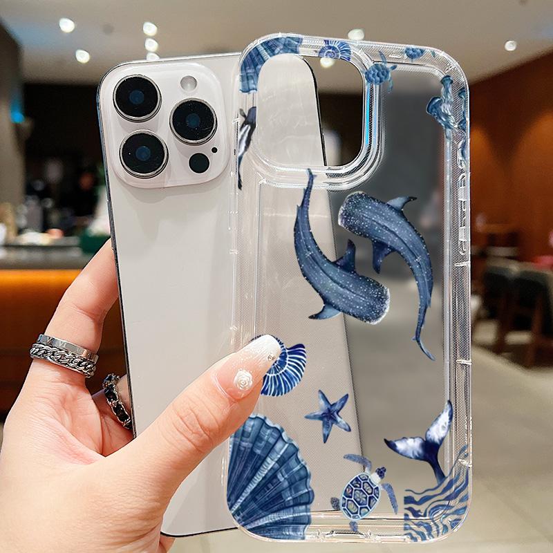 Two Blue Whales Shell Pattern Phone Case For iPhone 11 12 13 14 15 16 17 Pro Max Plus X XS XR XS MAX 16E 17Air Soft Clear Cover