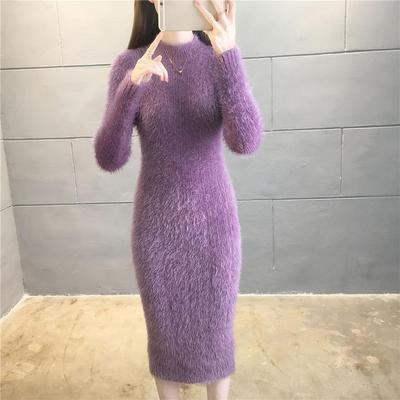 Vestidos Simplicity Outono Inverno Mulheres Sólido Gola O Engrossado Manga Longa Slim Midi A-line Bolsos Quadril Vestido Tricotado