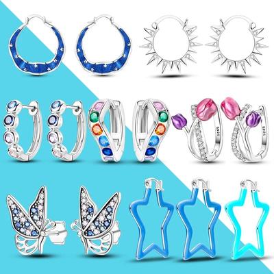 Creolen für Damen, Silber 925, Tulpe, leuchtender Stern, Sonne, Schmetterling, unregelmäßiger feiner Ohrring