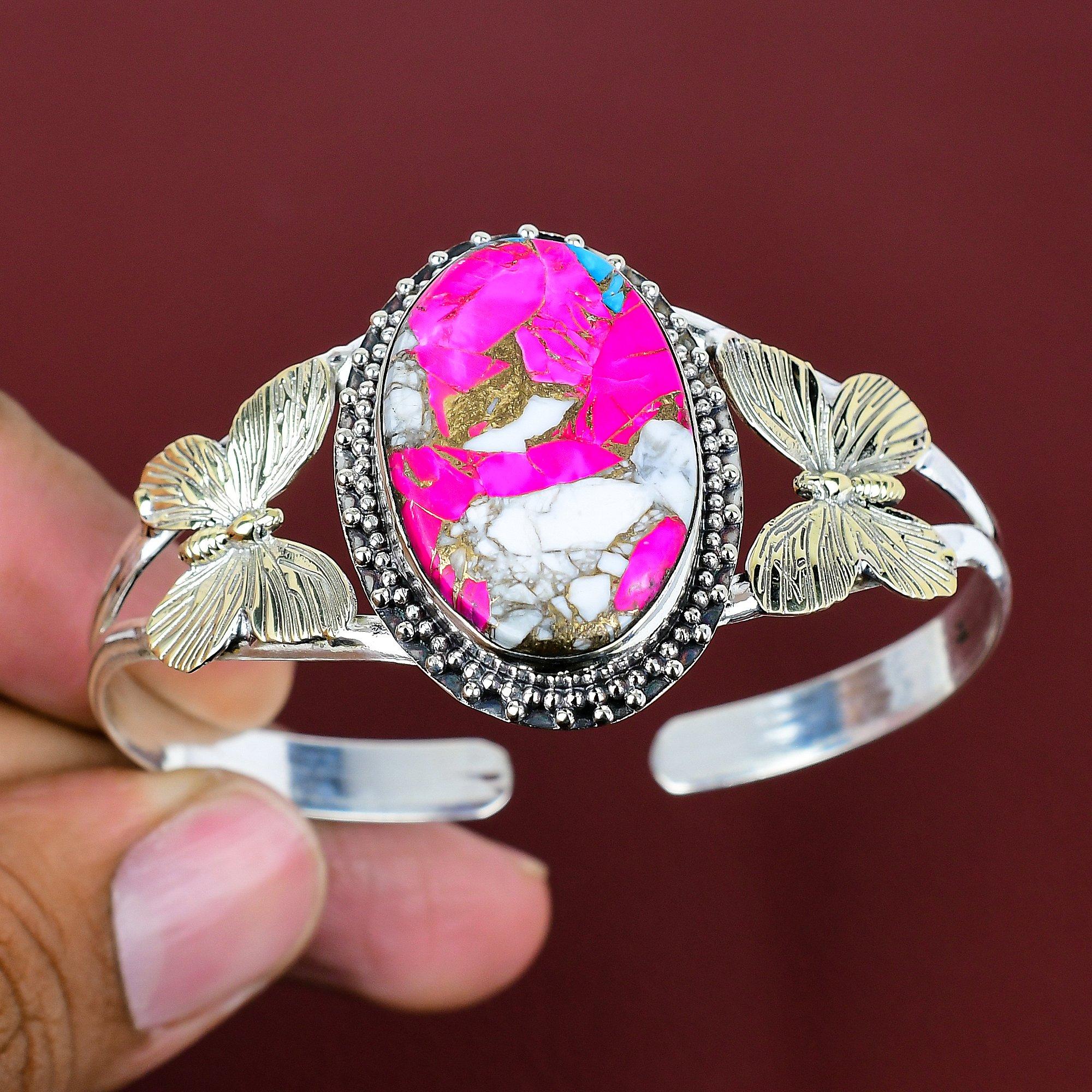 Cotton candy turquoise bangle 925 sterling silver cuff bracelet gemstone adjustable bangle 18k gold plated butterfly bangle handmade jewelry Adjustable