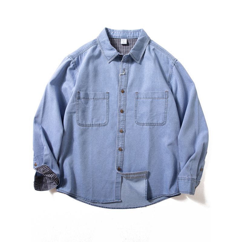Denim Shirt Men s Long-Sleeved Japanese Retro Patchwork Plaid Shirt Loose Casual Spring and Autumn Thin Jacket Trendy Light Blue 3XL
