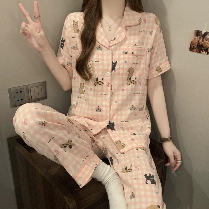 Short-sleeved Trousers, Summer Pajamas, Women's Cardigan, Casual Home Service 2-piece Suit