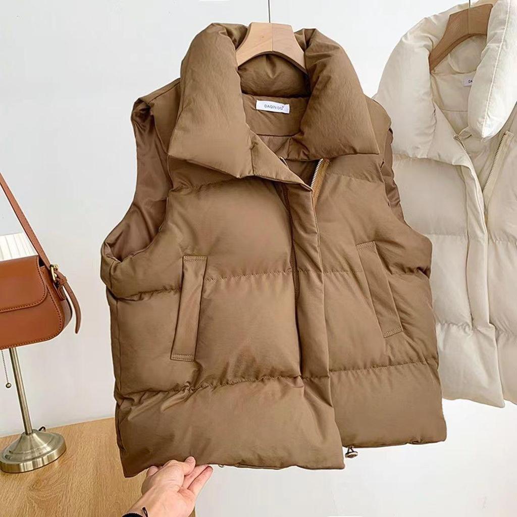 Women's Spring/Fall 2025 Korean Loose Fit Cotton Vest with Stand-Up Collar and Shoulder Pads