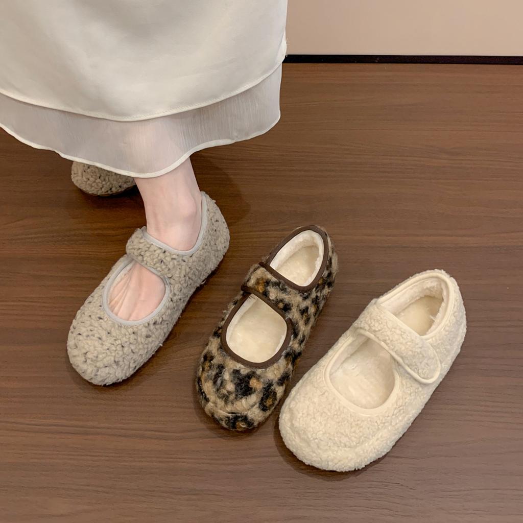 Fairy Wind Leopard Print Velvet Mary Jane Shoes Women's Bread Shoes Gentle Warm Fluffy Shoes Wear Cotton Shoes