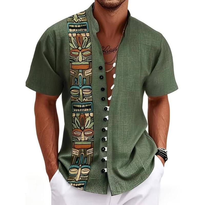 Men Ethnic Front Print Stand Collar Short Sleeve Loose Casual Linen Shirt