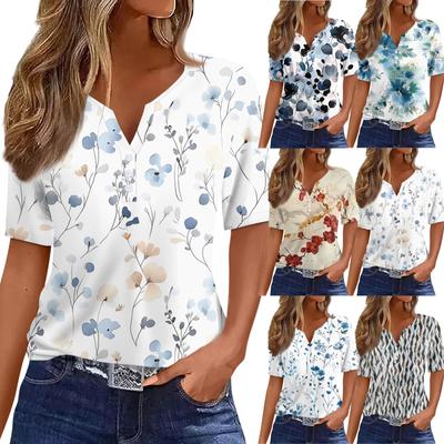 Women's T Shirt Print Button Short Sleeve Daily Weekend Fashion Basic V- Neck Regular Top