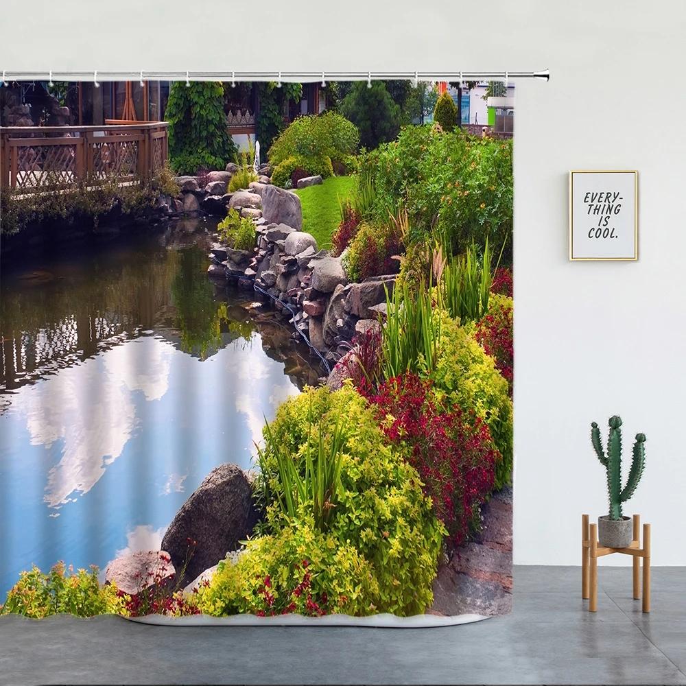 Spring Garden Landscape Shower Curtains Green Plants Flowers Creek Natural Scenery Bath Curtains Bathroom Decor With Hooks