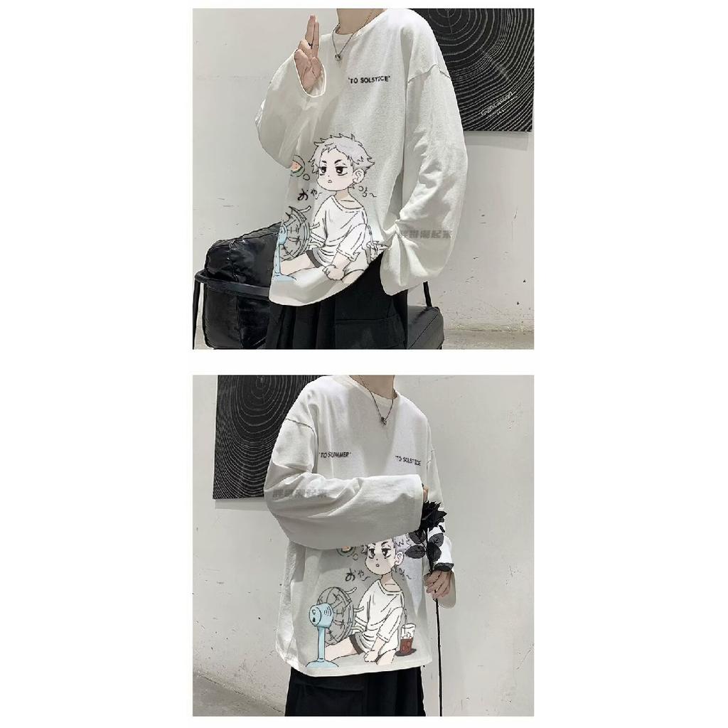 2024 Herren Langarm T-Shirt Herbst Unterhemd Langarm Baumwolle Herbst Hong Kong Stil Druck Lose Trendy Top