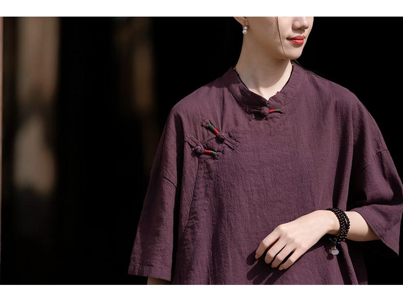 Women’s Retro Chinese Style Short Sleeve Stand Collar Shirt with Frog Button, Loose Ramie Sand-Washed T-shirt – 2024 Spring/Summer Collection