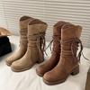 Fashion Block Heel Retro Knight Boots Women's Autumn and Winter Mid-leg Boots