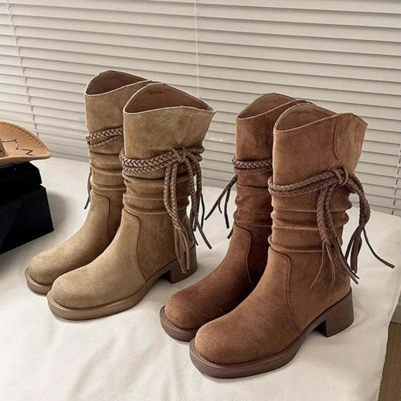 Fashion Block Heel Retro Knight Boots Women's Autumn and Winter Mid-leg Boots