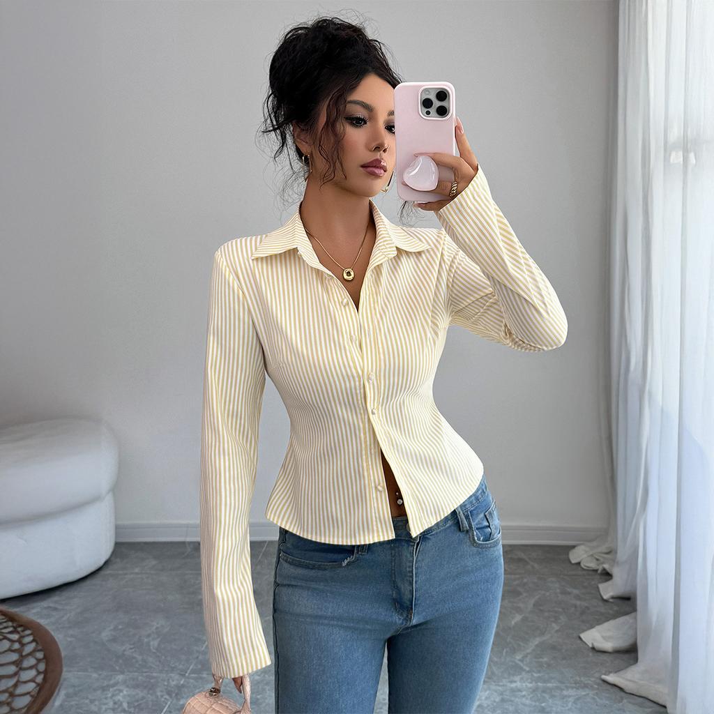 Casual Simple Striped Long-sleeved Button Tops and Shirts for Women 2025 Autumn and Winter