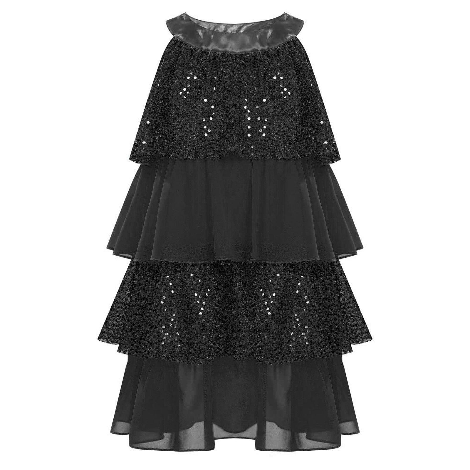 

Дівчаче блискуче плаття для танців з ярусами паєток, печворк, рюші, А-силует, для джазу, латини та сценічних виступів 9-10 Years чорний