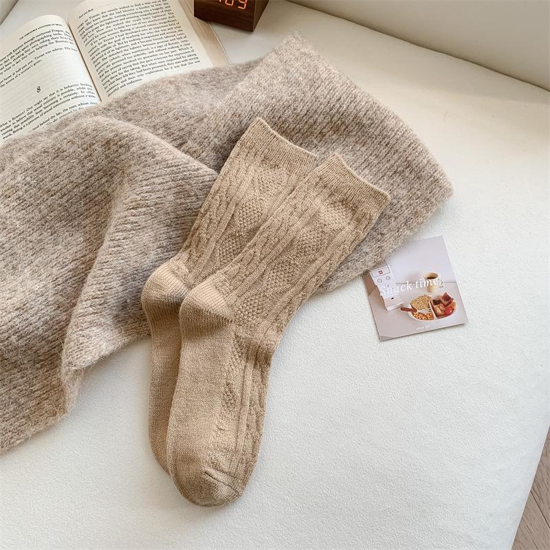 Children'S Wool Socks, Thickened Warm Rhombus Cream Solid Color Medium Tube Socks
