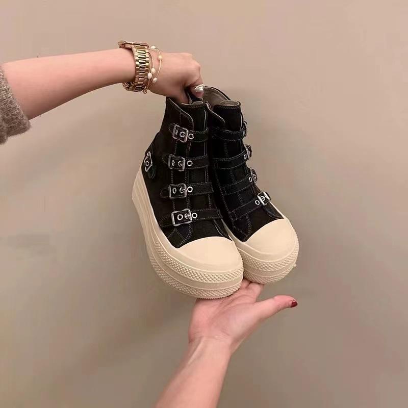

Fashion Thick-soled, high-heeled canvas boots, French-style casual, breathable, buckled, fashionable women s shoes 40