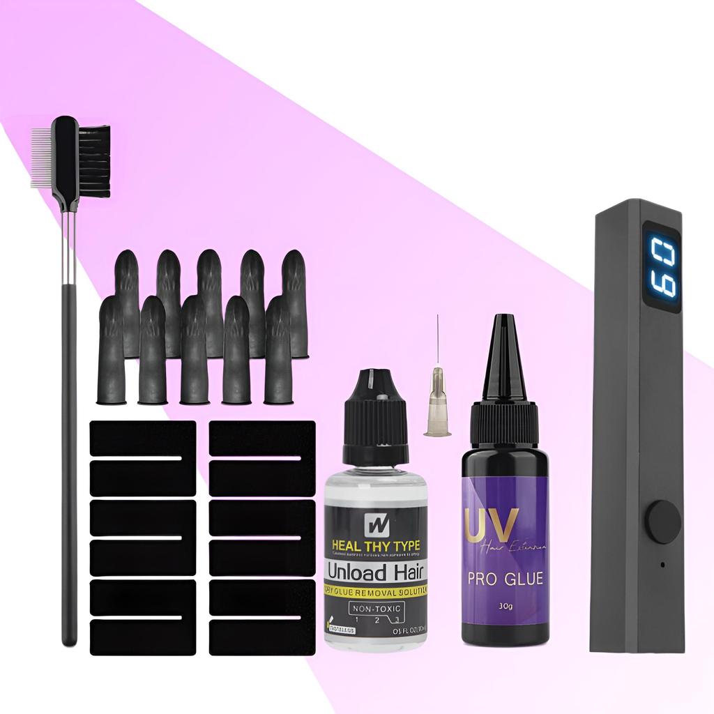 UV Hair Extension Set - Complete Kit with UV Lamp, Glue, Remover & Accessories,Super Fast Remover with Invisible Extension