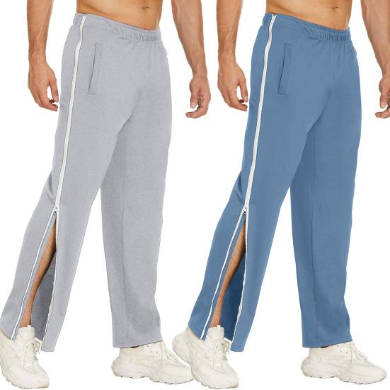 Mid-Rise Men Sweatpants Elastic Waistband Pockets Splicing Color Wide Leg Side Zipper Tear