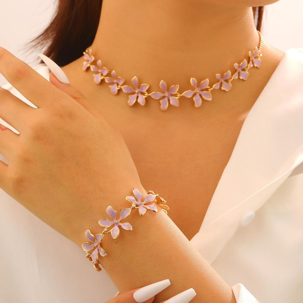 Colorful Geometric Enamel Flower Necklace & Bracelet Set for Women