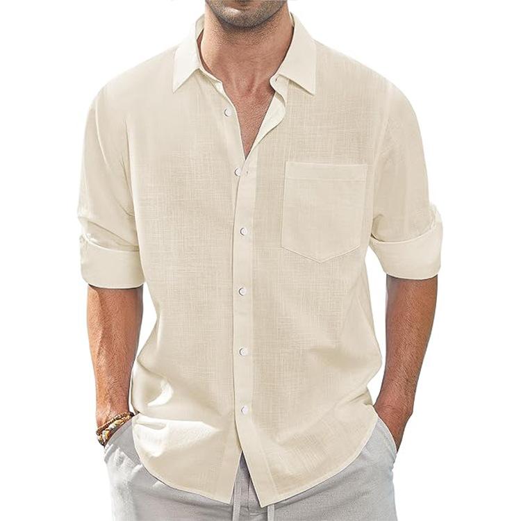 Cotton and Linen Shirt, Thin Lapel Collar with Pocket, Long-sleeved Shirt for Men