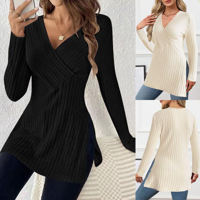 Women's Autumn and Winter New Long-sleeved Solid Color Slit V-neck Casual Home Pit Strip Comfortable Top