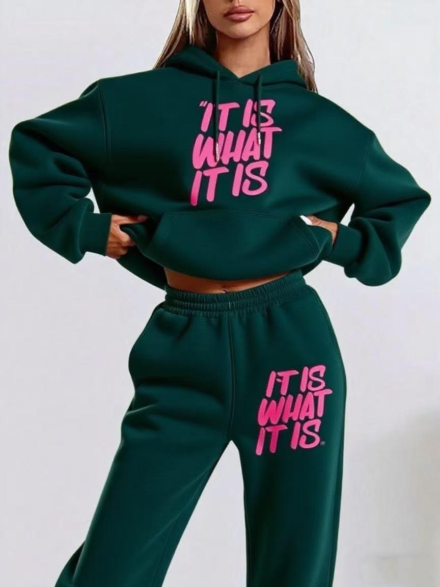 Europäisches & Amerikanisches Trendiges Lässiges Bedrucktes Kapuzen-Sweatshirt-Set S dunkelgrüne